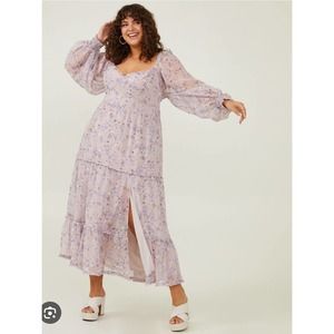 Arula Maya Maxi Dress Floral Lavender Long Sleeve Whimsical Size B 18/20
